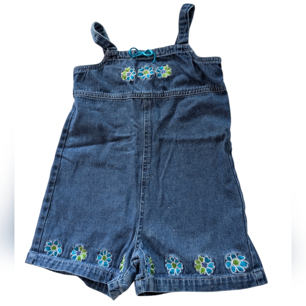 Vintage Y2K Faded Glory Girls Denim Floral Embroidered Shorts Romper